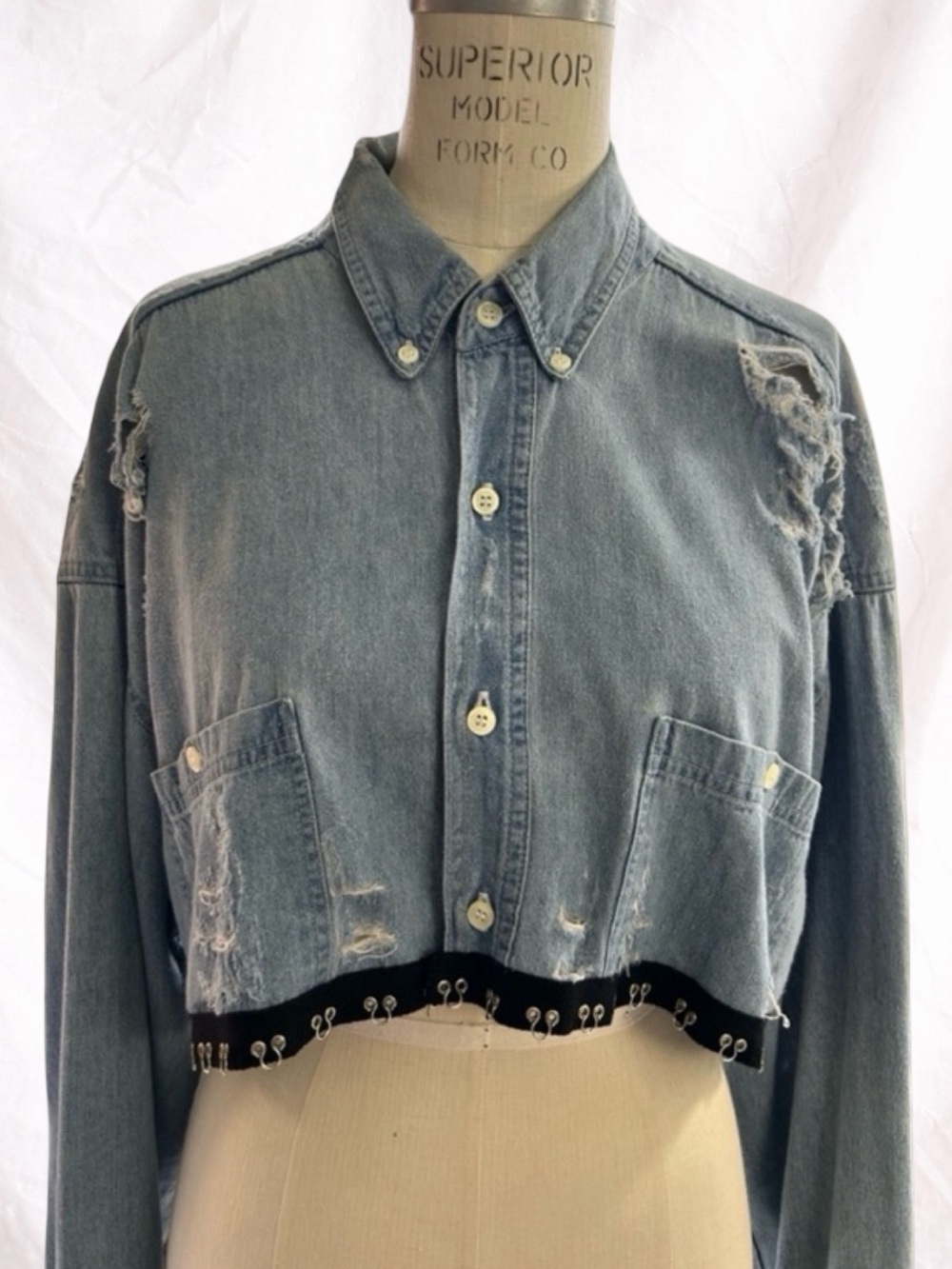 Vintage First of a Kind Reworked Distressed Cropped Denim Shirt/Jacket One Size